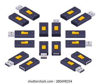 Set der isometrischen USB-Flash-Laufwerke. Die Objekte sind einzeln auf weißem Hintergrund und von verschiedenen Seiten angezeigt