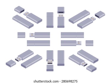 Set of the isometric USB flash-drives. The objects are isolated against the white background and shown from different sides