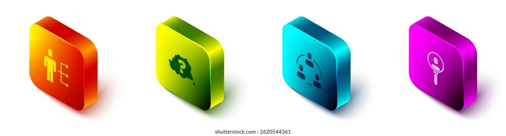 Set Isometric User of man in business suit, Question mark, Project team base and Search people icon. Vector