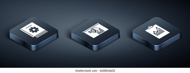 Set Isometric User manual, Clipboard with graph chart and Board with graph chart icon. Vector