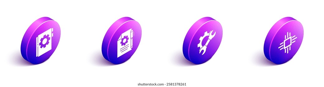 Set Isometric User manual, Document settings and pen, Wrench spanner and gear and Processor with microcircuits CPU icon. Vector