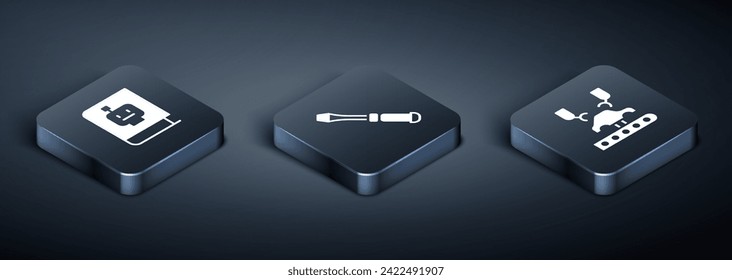Set Isometric User manual, Robotic robot arm on factory and Screwdriver icon. Vector
