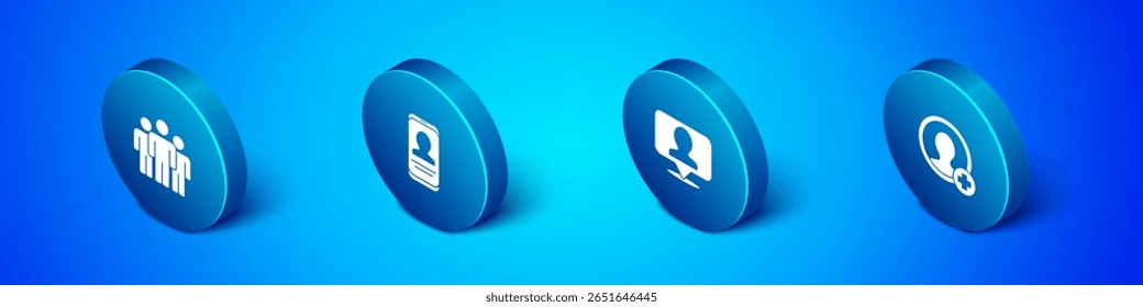 Defina o grupo Usuários isométricos, Local com pessoa, tela Criar conta e ícone Retomar móvel. Vetor