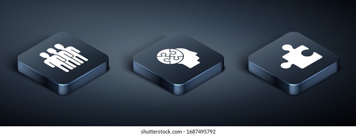 Set Isometric Users group, Piece of puzzle and Human head puzzles strategy icon. Vector