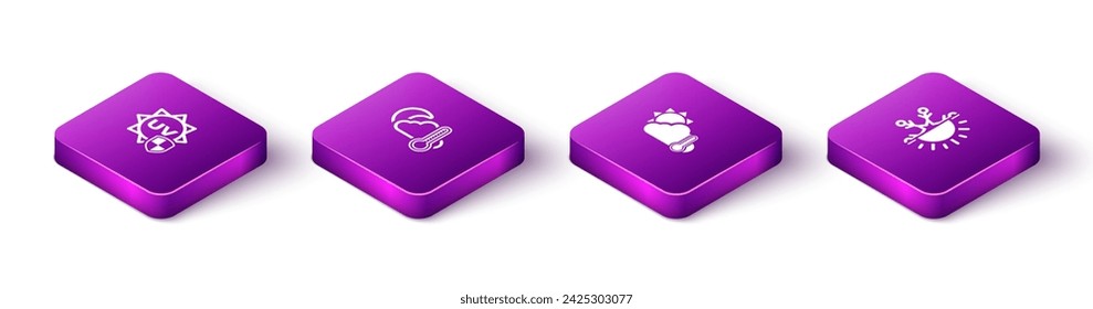 Set Isometric UV protection, Thermometer and cloud, moon, sun and Sun snowflake icon. Vector