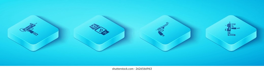 Conjunto de subametralladora isométrica UZI, spray de pimienta, MP9I e icono de revólver. Vector