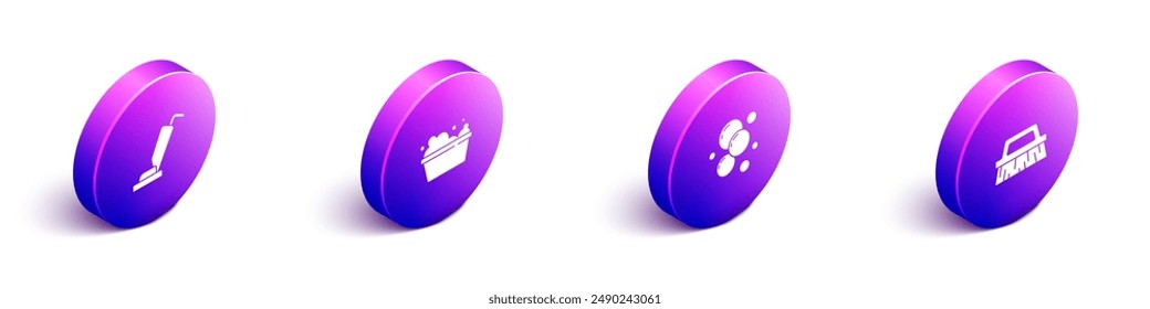 Set Isometric Vacuum cleaner, Basin with soap suds, Soap water bubbles and Brush for cleaning icon. Vector