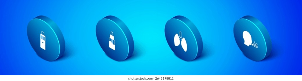 Set Isometric Vape mod device, Lungs, Man smoking cigarette and liquid bottle icon. Vector