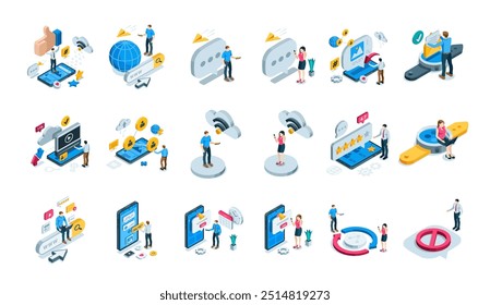 set of isometric vector business people and gadgets with message icons and clouds, in color on white background, social networks and online communications or chatting