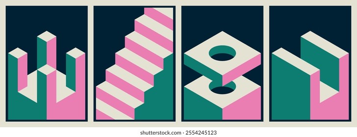 Set of isometric vector elements, architectural shapes and monoliths for covers, posters, cards, flyers or branding.