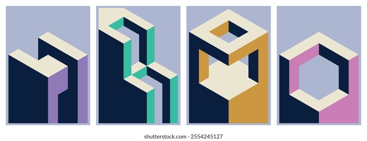 Set of isometric vector elements, architectural shapes and monoliths for covers, posters, cards, flyers or branding.