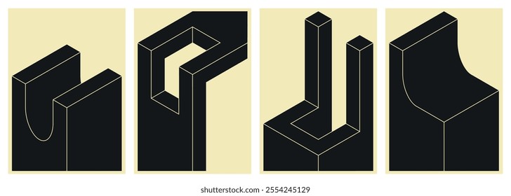 Set of isometric vector elements, architectural shapes and monoliths for covers, posters, cards, flyers or branding.