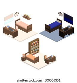 Set of Isometric vector illustration of a bedroom interior.
