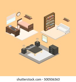 Set of Isometric vector illustration of a bedroom and living room interior.