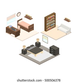 Set of Isometric vector illustration of a bedroom and living room interior.