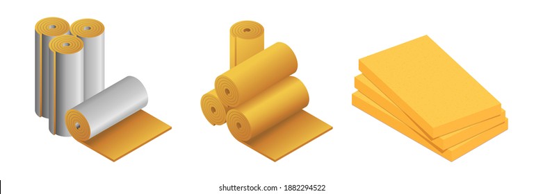 Set of isometric vector illustration insulation materials for heat cold protection isolated on white background. Mineral wool, polystyrene foam, rock wool vector icons in flat cartoon style.