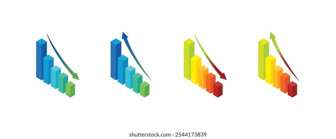 Conjunto de ilustrações de vetor isométricas isoladas sobre fundo branco, lupa e gráfico com seta para cima e para baixo, análise de negócios e crescimento financeiro