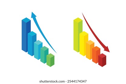 Conjunto de Ilustración vectorial isométrica aislada sobre fondo blanco, lupa y gráfico con flecha arriba y abajo, análisis de negocios y crecimiento financiero