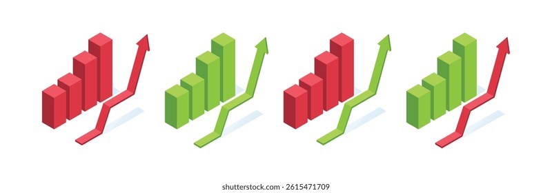 Set of isometric vector illustration isolated on white background, Chart with up arrow, business analytics and financial growth. Business chart data diagram isometric. red and green chart arrow up.