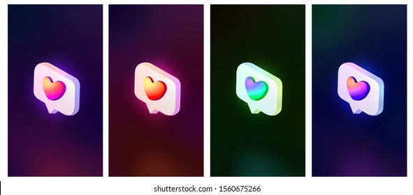 Set of isometric vector illustrations of like icon with heart. App interface element. Colors likes in social media,graphic concept of social media obsession and addiction. Trendy gradient style. 