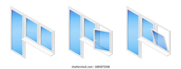 Set of isometric vector illustrations metal plastic PVC balcony doors and windows isolated on white background. Casement window in different positions: closed, tilted open and swung fully open.