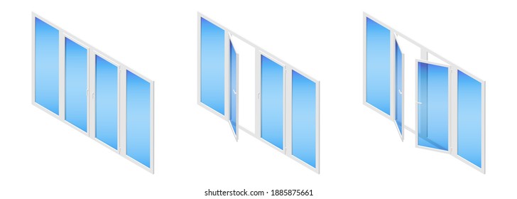 Set of isometric vector illustrations metal plastic PVC balcony doors or windows isolated on white background. Set of opened and closed glass balcony doors icons in flat cartoon style. Energy Saving.