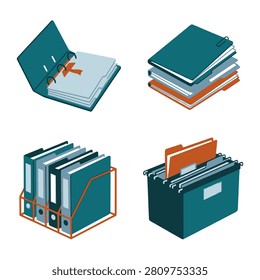 A set of isometric vector illustrations showing office organization tools including ring binders folders a document stack and a hanging file box