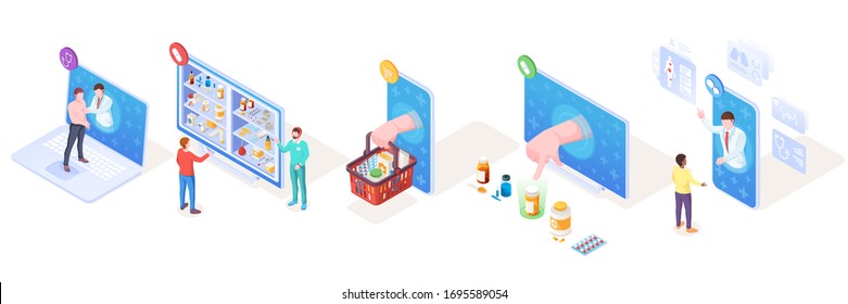 Set of isometric vector signs for online medical support and pharmacy, drugs delivery and doctor consultation or diagnosis. Smartphone use for medicine, prescription.Illustration design for healthcare