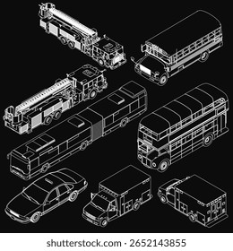 A set of isometric vehicle outlines including a fire truck, ambulance, school bus, taxi, and city bus in white line art on a black background. Vector illustration with clean blueprint-style details.