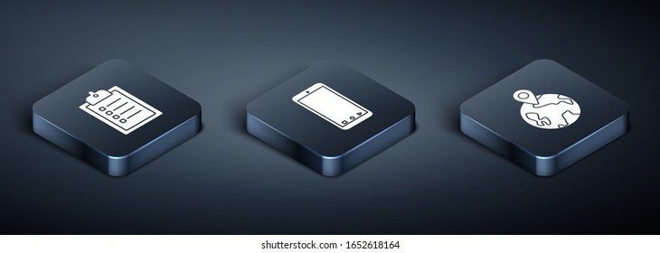 Isometrische Überprüfung der Lieferlisten-Zwischenablage , Weltweit und Mobiltelefon mit einem Tracking-Symbol für die App-Lieferung. Vektorillustration