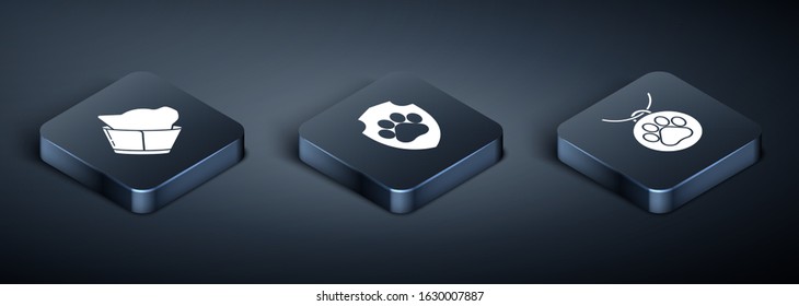 Set Isometric Veterinary clinic symbol, Collar with name tag and Animal health insurance icon. Vector