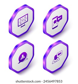 Isometrische Video-Chatkonferenz, Sprechblase und Icon festlegen. Violettes Sechseck-Button. Vektorgrafik