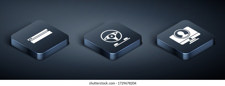 Set Isometric Video game console, Create account screen and Racing simulator cockpit icon. Vector