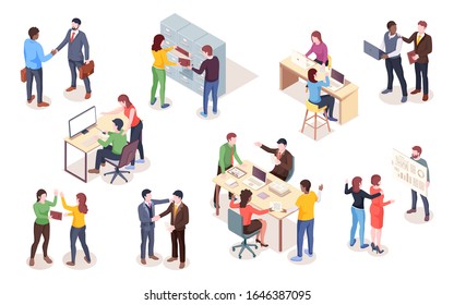 Set of isometric view businessman and businesswoman making deal and presentation. Vector people doing notebook work or computer job, employee at coworking space. Office man and woman