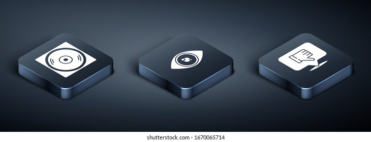 Establecer disco vinílico isométrico, desagrado en la burbuja del habla e icono de ojo. Vector