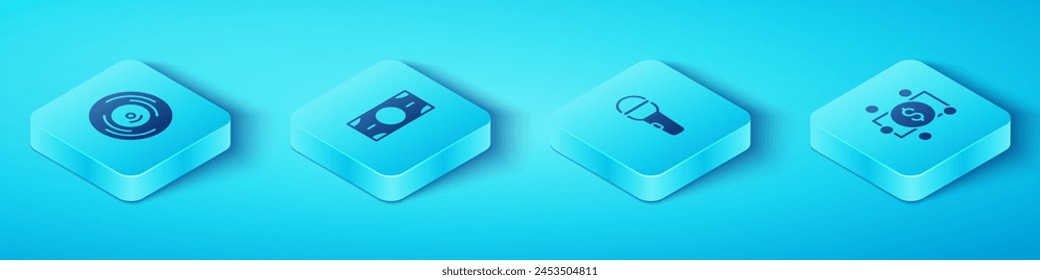 Set Isometric Vinyl disk, Stacks paper money cash,  and Microphone icon. Vector