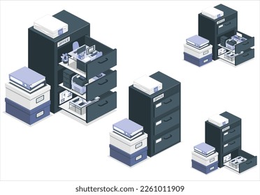 set of Isometric virtual office with business people working together and mobile devices: business management, online communication and finance concept.