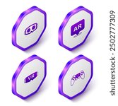 Set Isometric Virtual reality glasses, Augmented AR,  and Gamepad icon. Purple hexagon button. Vector