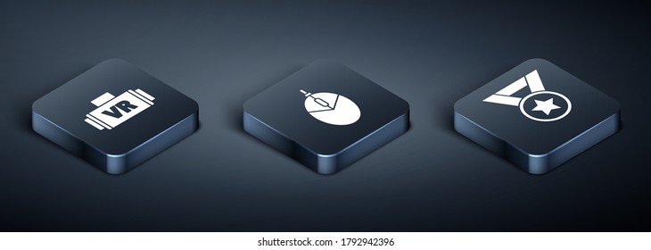 Establecer lentes de realidad virtual isométrica, icono de juego de ratón para Medalla y Computadora. Vector