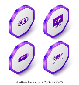 Set Isometric Virtual reality glasses, Augmented AR,  and Gamepad icon. Purple hexagon button. Vector