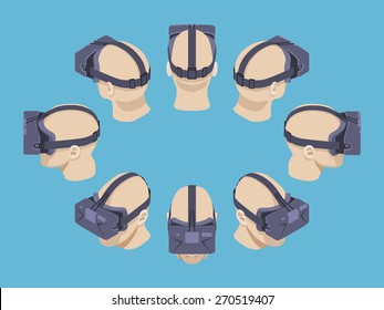 Set of the isometric virtual reality headsets. The objects are isolated against the blue background and shown from different sides