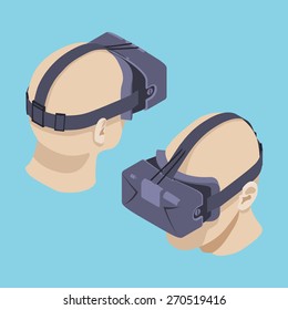 Set of the isometric virtual reality headsets. The objects are isolated against the blue background and shown from two sides