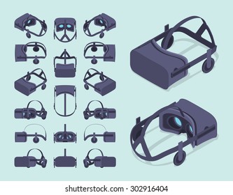 Set of the isometric virtual reality headsets. The objects are isolated against the light-blue background and shown from different sides