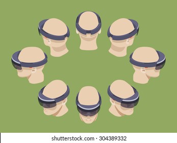 Set of the isometric virtual reality headsets. The objects are isolated against the green background and shown from different sides