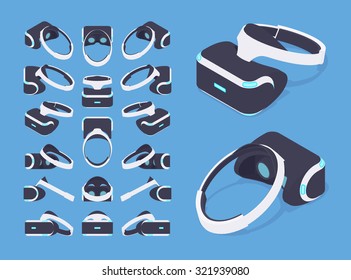 Set of the isometric virtual reality headsets. The objects are isolated against the blue background and shown from different sides