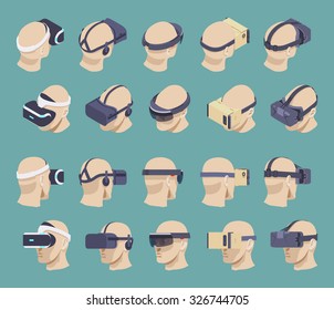 Set of the isometric virtual reality headsets. The objects are isolated against the green background and shown from two sides