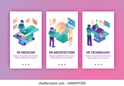 Set of isometric virtual reality vertical banners with images of people bringing augmented reality to industries vector illustration