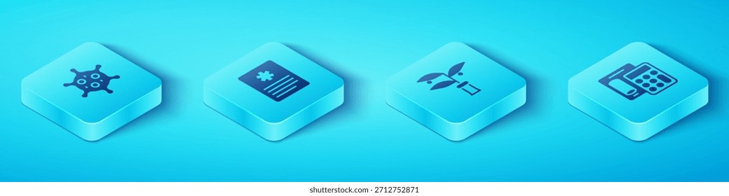 Set Isometric Virus, Patient record, Calculator and Plant breeding icon. Vector