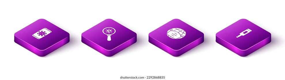 Set Isometric Virus statistics on mobile, under magnifying glass, Earth with medical mask and Medical thermometer icon. Vector