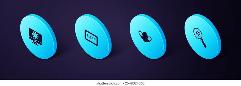 Coloque el virus isométrico bajo la lupa, la máscara protectora médica, la barra de jabón y las estadísticas en el icono del monitor. Vector